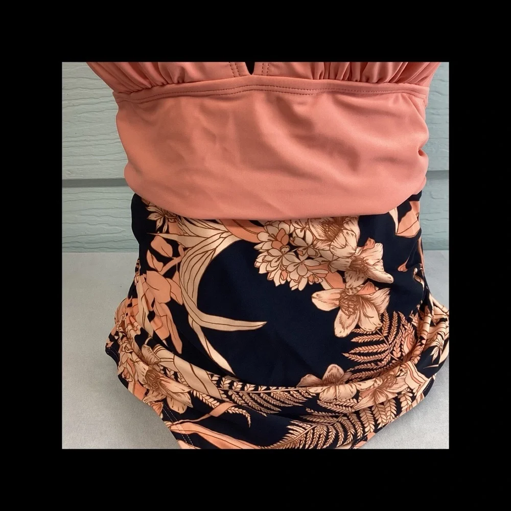 Peach top floral bottom one piece swimsuit.40-M/40-L - Picture 3 of 6